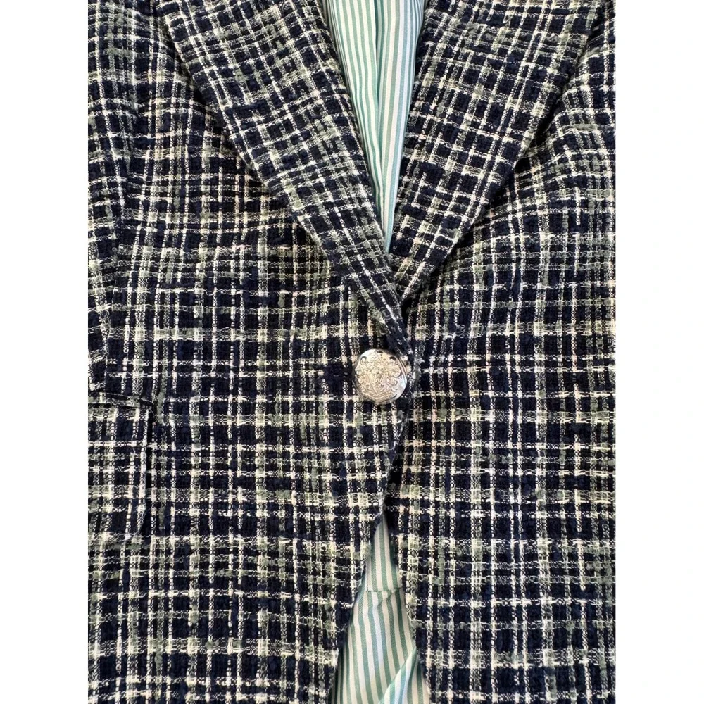 Veronica Beard Cutaway Dickey Blazer 8 Navy Plaid Tweed Quiet Luxury Jacket